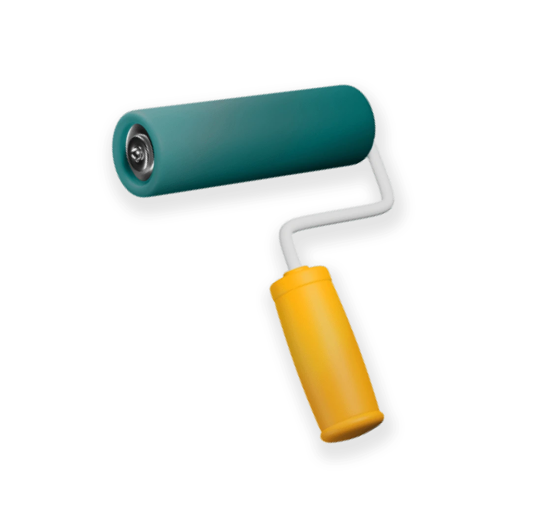 Three-dimensional illustration of a paint roller with a teal roller and a yellow handle.
