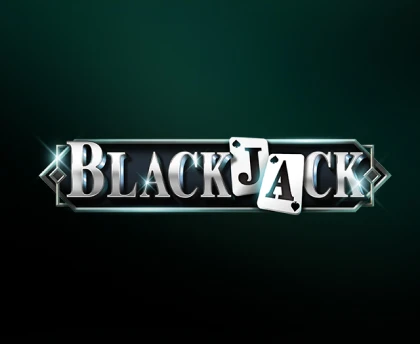 Stylized 'BLACKJACK' logo featuring metallic silver lettering, with two playing cards displaying the suit symbols, set against a dark green gradient background.