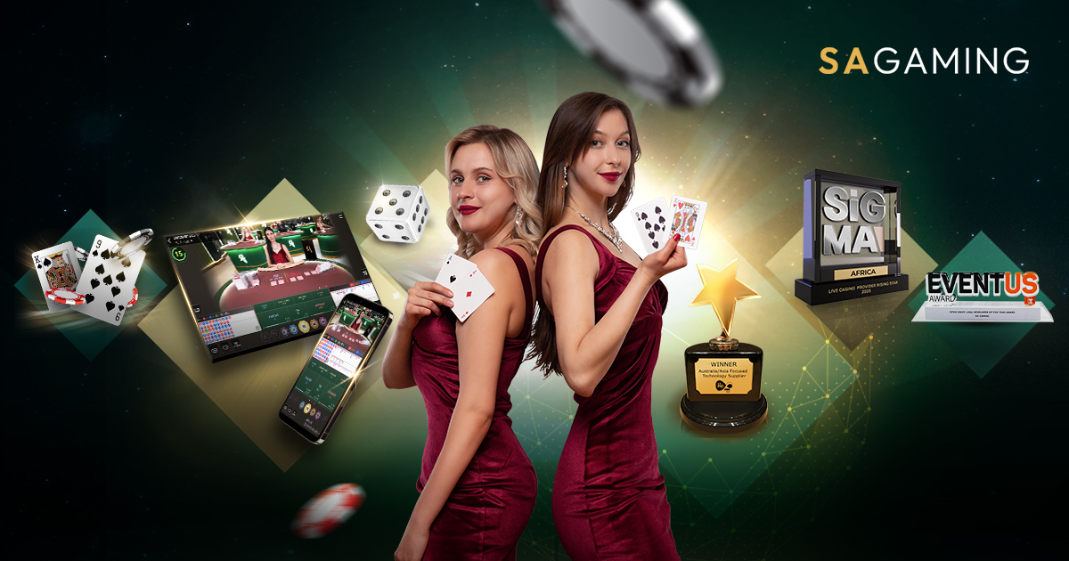 Image for an online Pok Deng game featuring a dealer at a casino table on the left and a mobile interface on the right. The text 'POK DENG' is prominently displayed at the bottom, with colorful poker chips and game cards surrounding the scene.