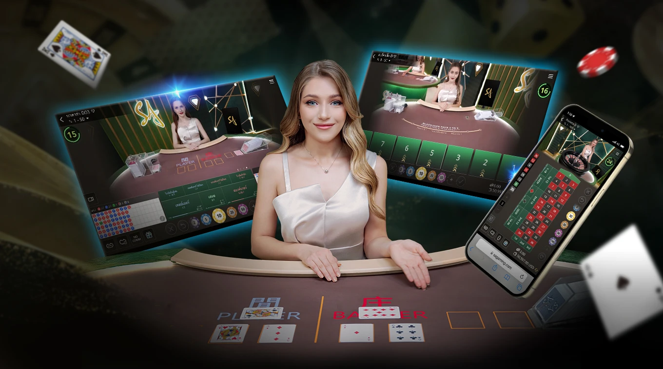 A graphic showcasing 'SA Gaming' with a woman in a red dress at the center. Surrounding her are two screens displaying online blackjack tables and a smartphone with game graphics. The background features a casino setting.
